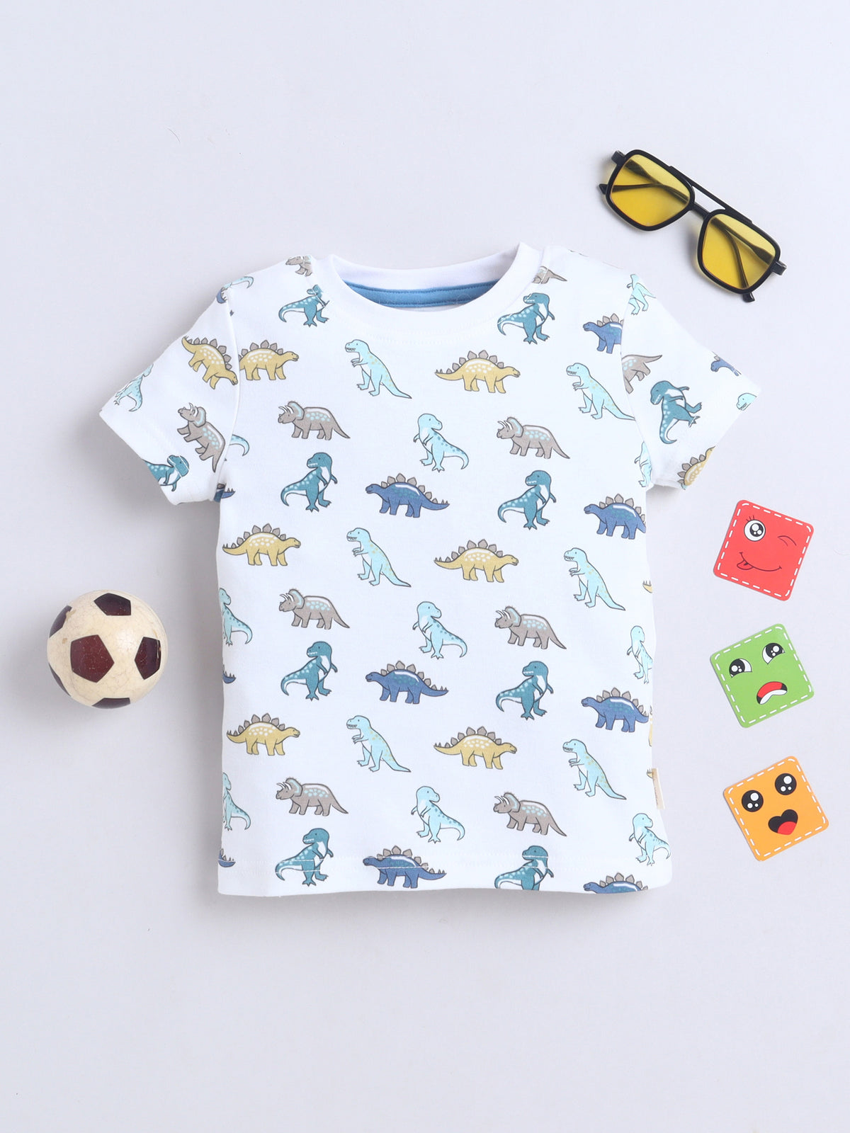 Baby Nation Cotton Knit Half Sleeves Printed T-Shirt - White Dino Print
