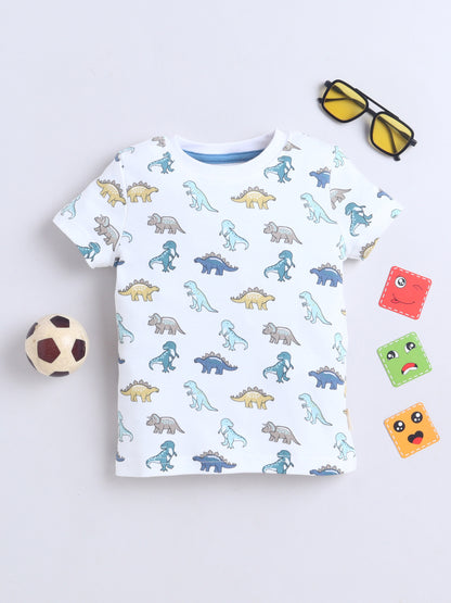 Baby Nation Cotton Knit Half Sleeves Printed T-Shirt - White Dino Print
