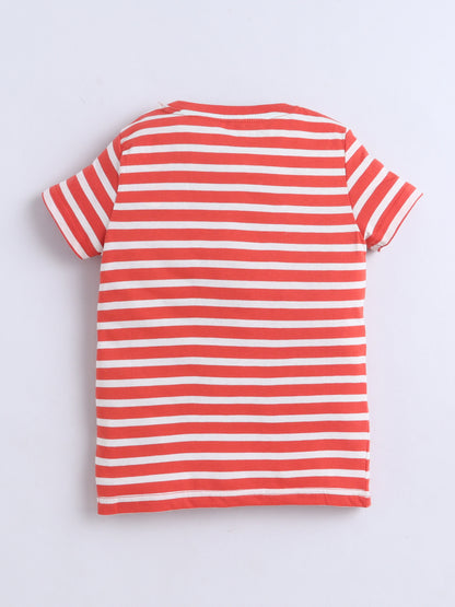 Baby Nation Cotton Knit Half Sleeves Printed T-Shirt - Dark Orange Striped