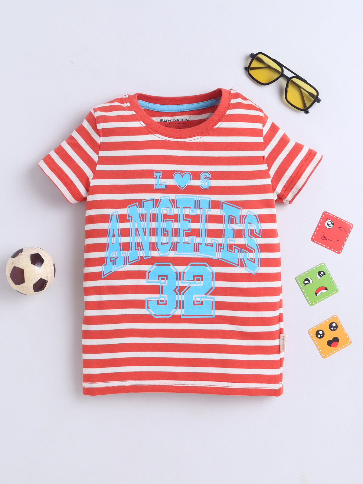 Baby Nation Cotton Knit Half Sleeves Printed T-Shirt - Dark Orange Striped