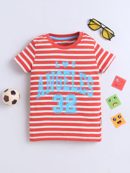 Baby Nation Cotton Knit Half Sleeves Printed T-Shirt - Dark Orange Striped