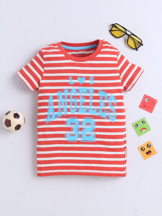 Baby Nation Cotton Knit Half Sleeves Printed T-Shirt - Dark Orange Striped