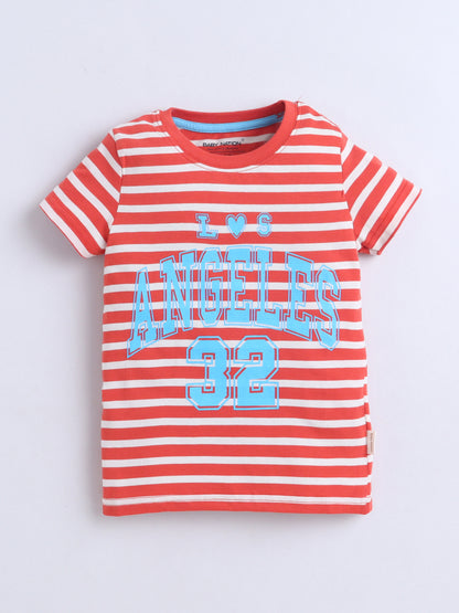 Baby Nation Cotton Knit Half Sleeves Printed T-Shirt - Dark Orange Striped