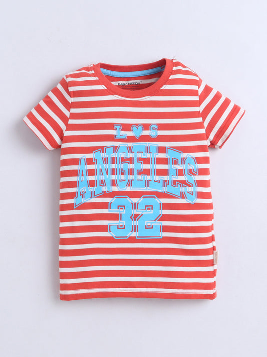 Baby Nation Cotton Knit Half Sleeves Printed T-Shirt - Dark Orange Striped