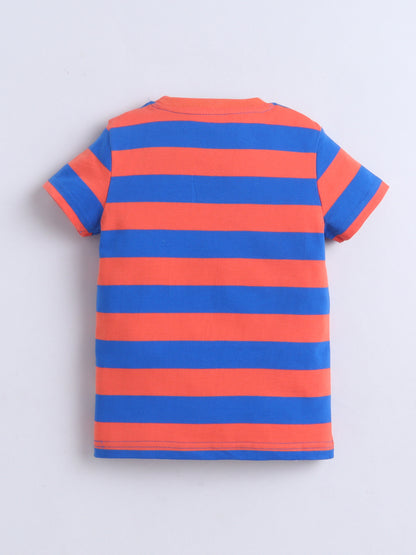 Baby Nation Cotton Knit Half Sleeves Printed T-Shirt - Orange Striped Anime Print