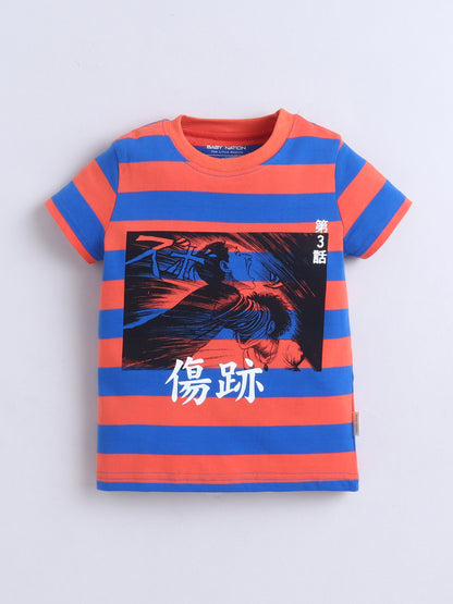 Baby Nation Cotton Knit Half Sleeves Printed T-Shirt - Orange Striped Anime Print