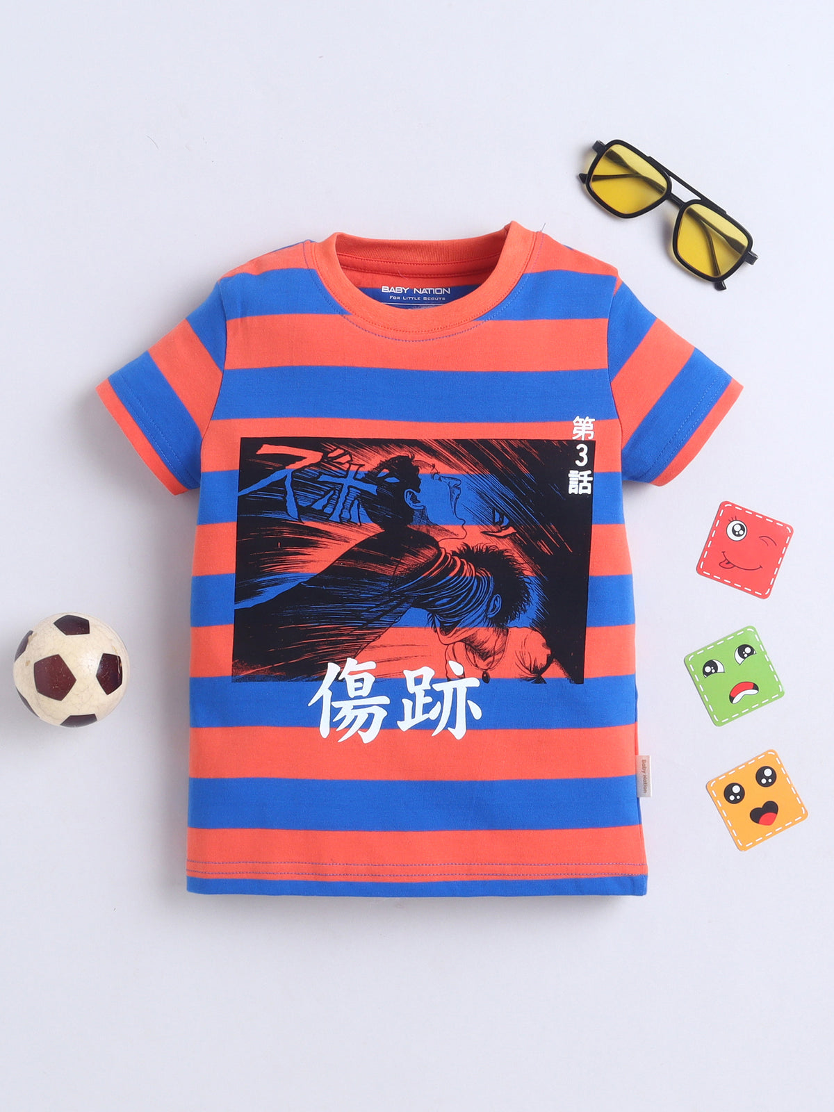 Baby Nation Cotton Knit Half Sleeves Printed T-Shirt - Orange Striped Anime Print