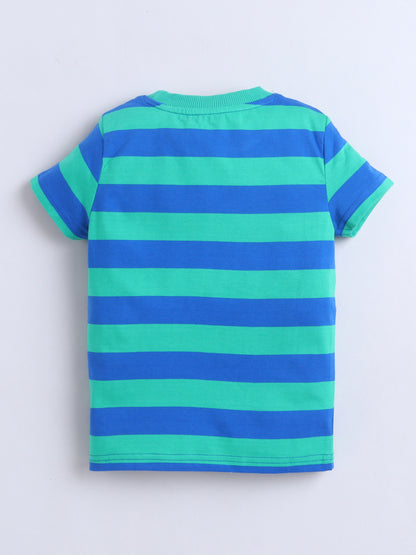 Baby Nation Cotton Knit Half Sleeves Printed T-Shirt - Green Striped