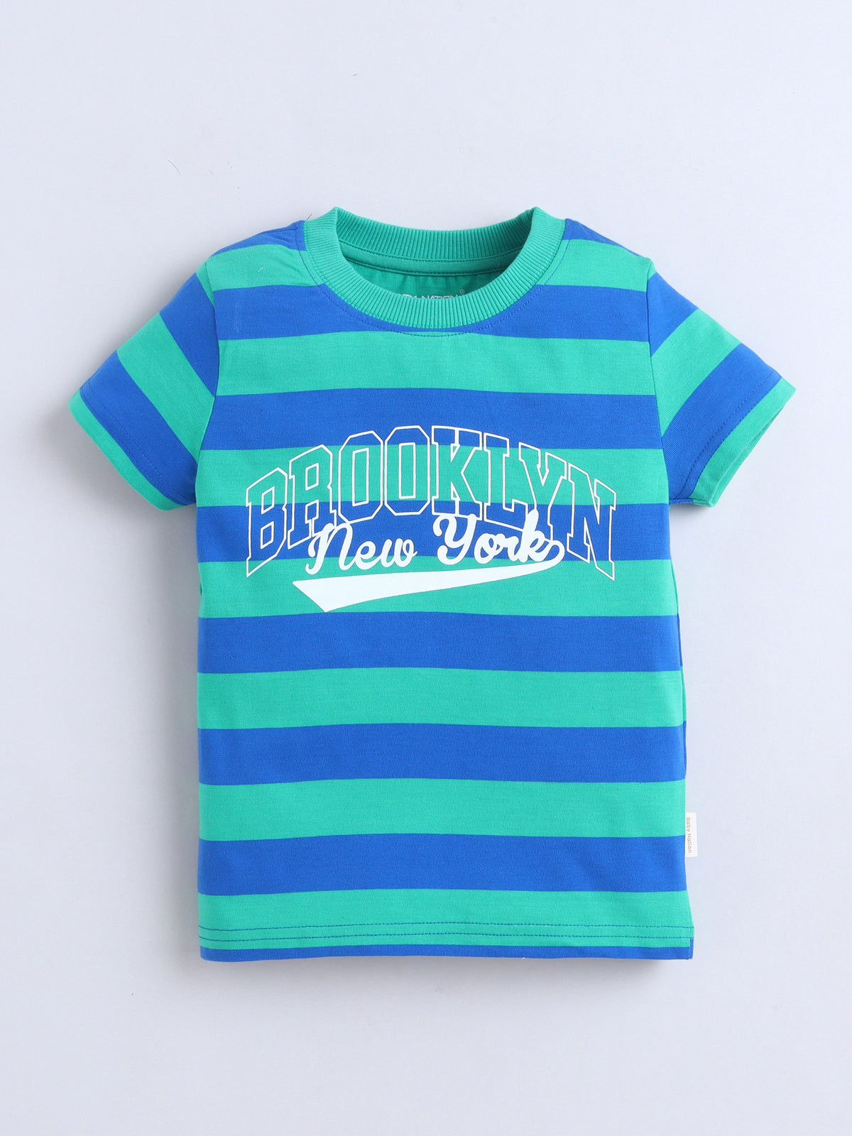 Baby Nation Cotton Knit Half Sleeves Printed T-Shirt - Green Striped