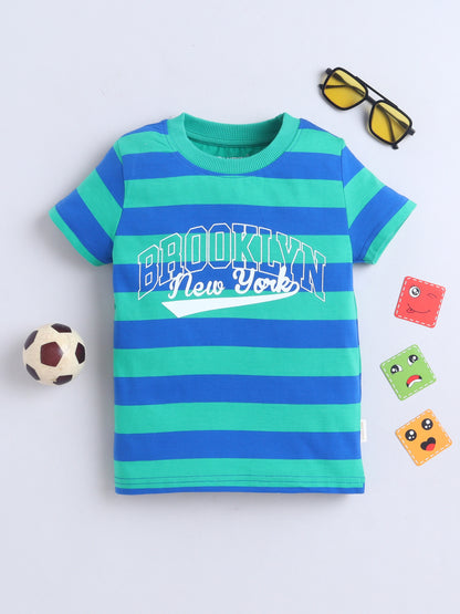 Baby Nation Cotton Knit Half Sleeves Printed T-Shirt - Green Striped