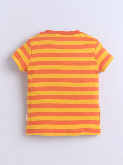 Baby Nation Cotton Knit Half Sleeves Dino Printed T-Shirt - Orange Striped Dino