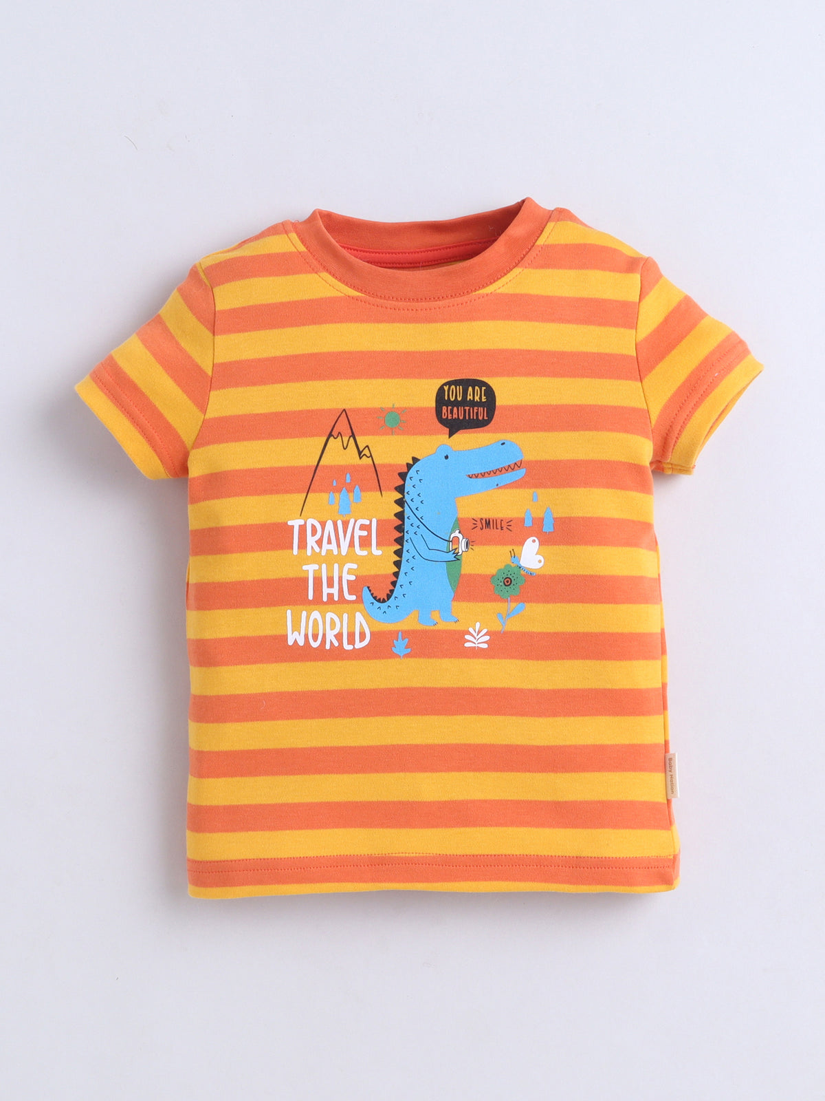 Baby Nation Cotton Knit Half Sleeves Dino Printed T-Shirt - Orange Striped Dino
