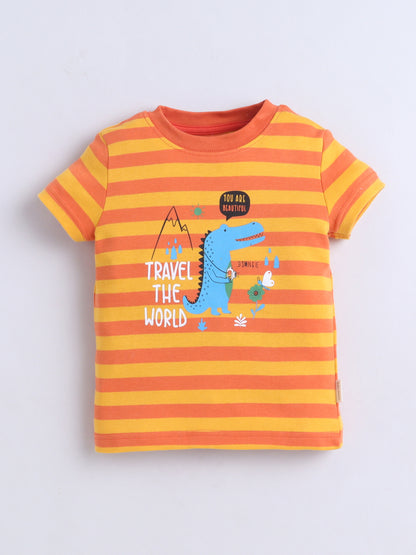 Baby Nation Cotton Knit Half Sleeves Dino Printed T-Shirt - Orange Striped Dino