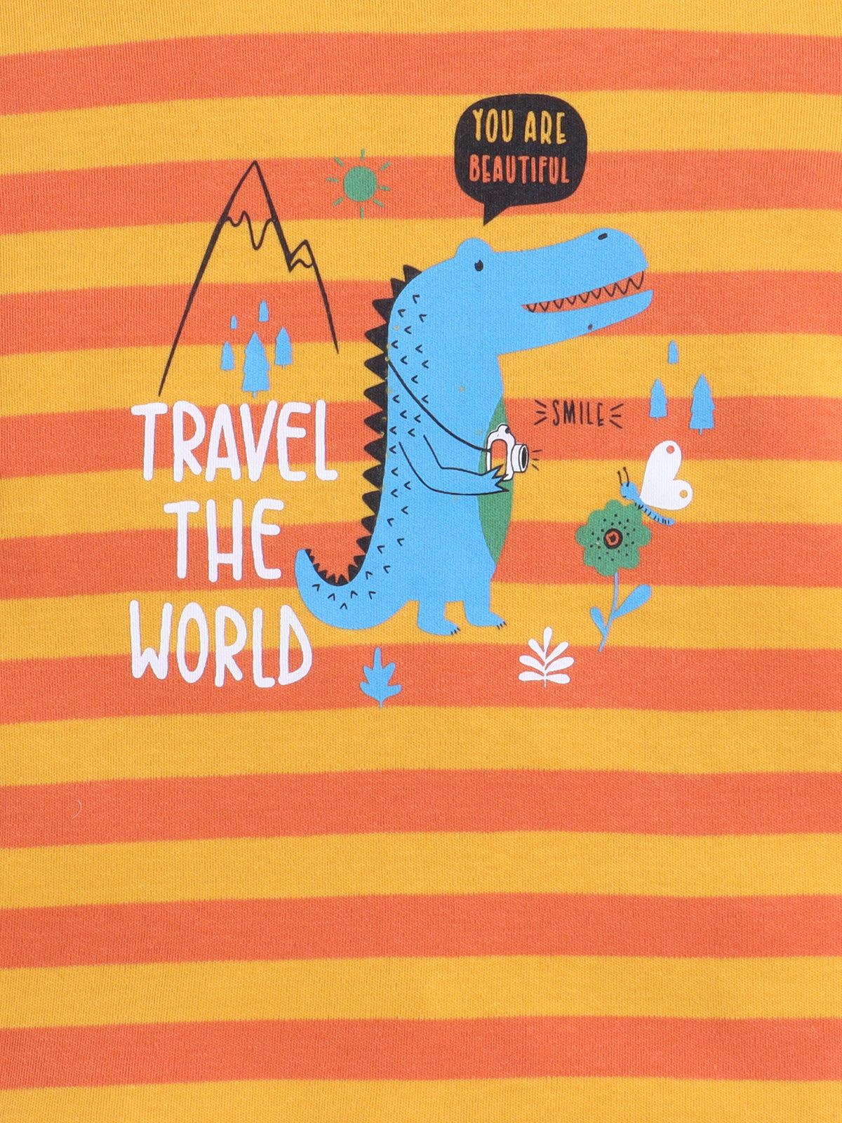 Baby Nation Cotton Knit Half Sleeves Dino Printed T-Shirt - Orange Striped Dino