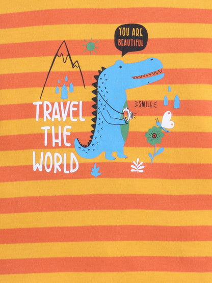 Baby Nation Cotton Knit Half Sleeves Dino Printed T-Shirt - Orange Striped Dino