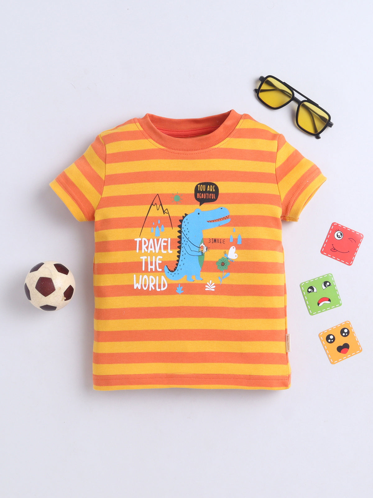 Baby Nation Cotton Knit Half Sleeves Dino Printed T-Shirt - Orange Striped Dino