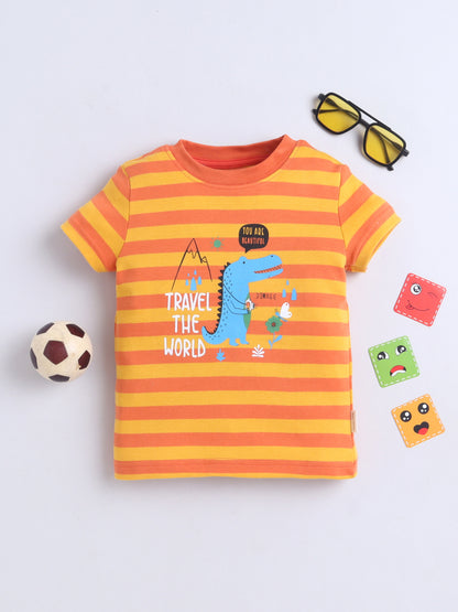 Baby Nation Cotton Knit Half Sleeves Dino Printed T-Shirt - Orange Striped Dino