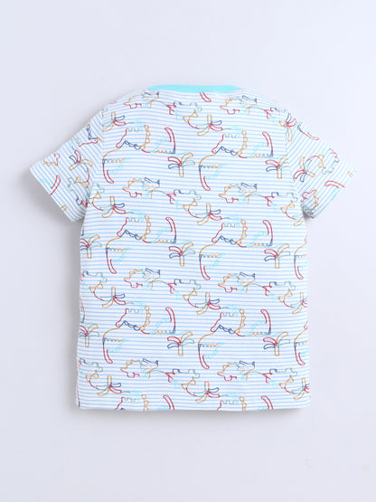 Baby Nation Cotton Knit Half Sleeves Printed T-Shirt - White Dino Striped