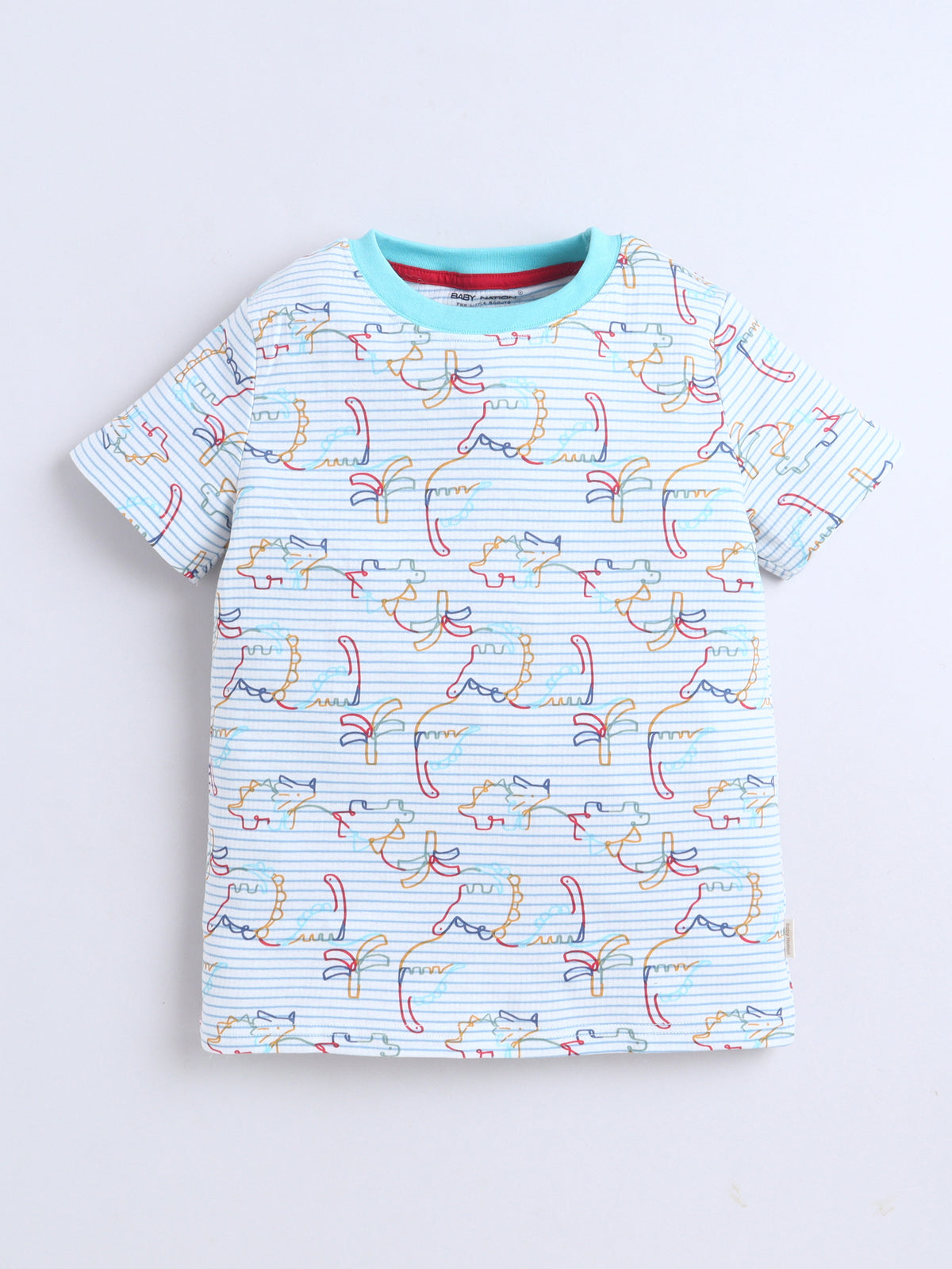 Baby Nation Cotton Knit Half Sleeves Printed T-Shirt - White Dino Striped