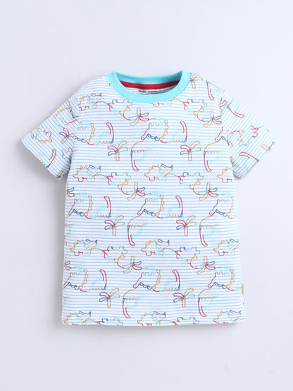 Baby Nation Cotton Knit Half Sleeves Printed T-Shirt - White Dino Striped