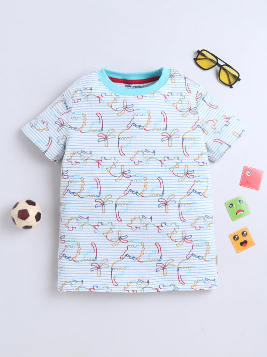Baby Nation Cotton Knit Half Sleeves Printed T-Shirt - White Dino Striped