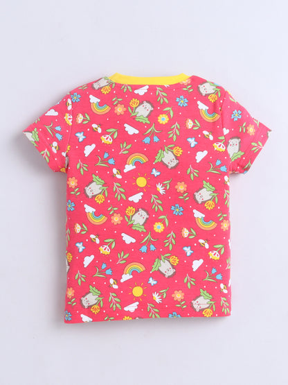 Baby Nation Cotton Knit Half Sleeves Printed T-Shirt - Pink AOP