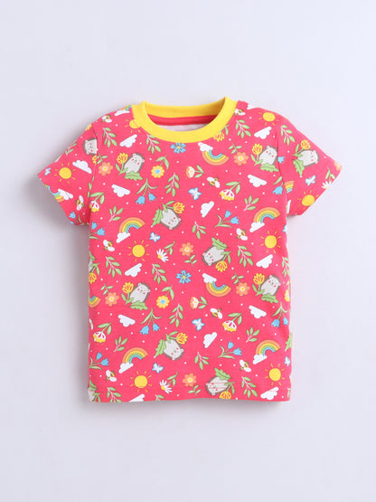 Baby Nation Cotton Knit Half Sleeves Printed T-Shirt - Pink AOP