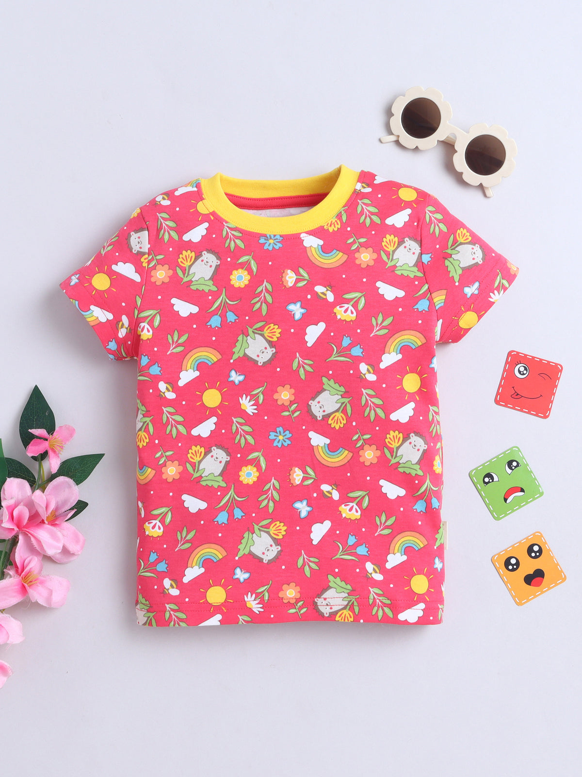 Baby Nation Cotton Knit Half Sleeves Printed T-Shirt - Pink AOP