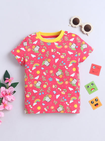 Baby Nation Cotton Knit Half Sleeves Printed T-Shirt - Pink AOP