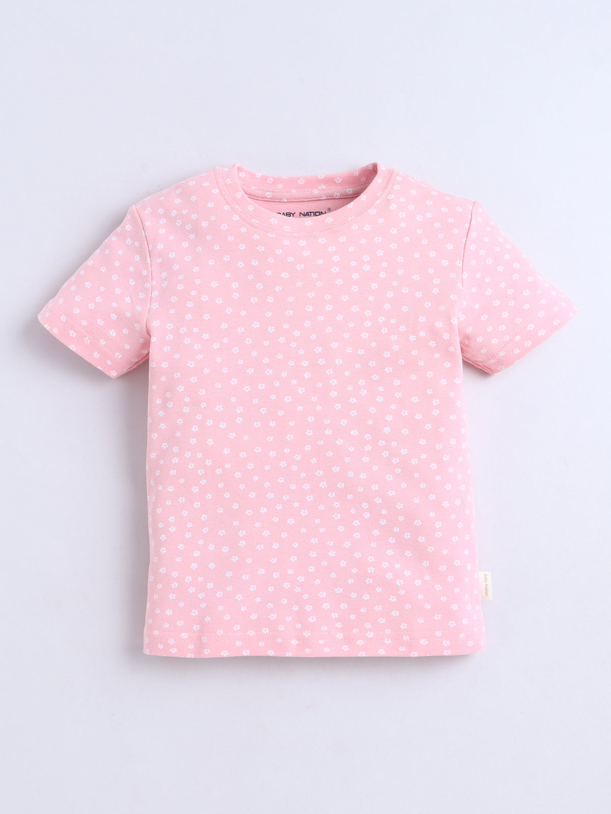 Baby Nation Cotton Knit Half Sleeves Printed T-Shirt - Pink Flower AOP