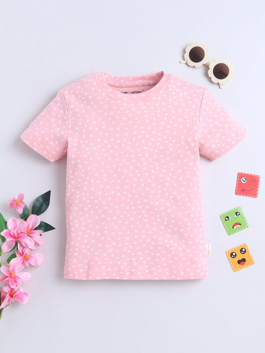 Baby Nation Cotton Knit Half Sleeves Printed T-Shirt - Pink Flower AOP