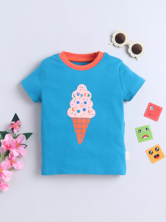 Baby Nation Cotton Knit Half Sleeves Printed T-Shirt - Cyan Ice Cream