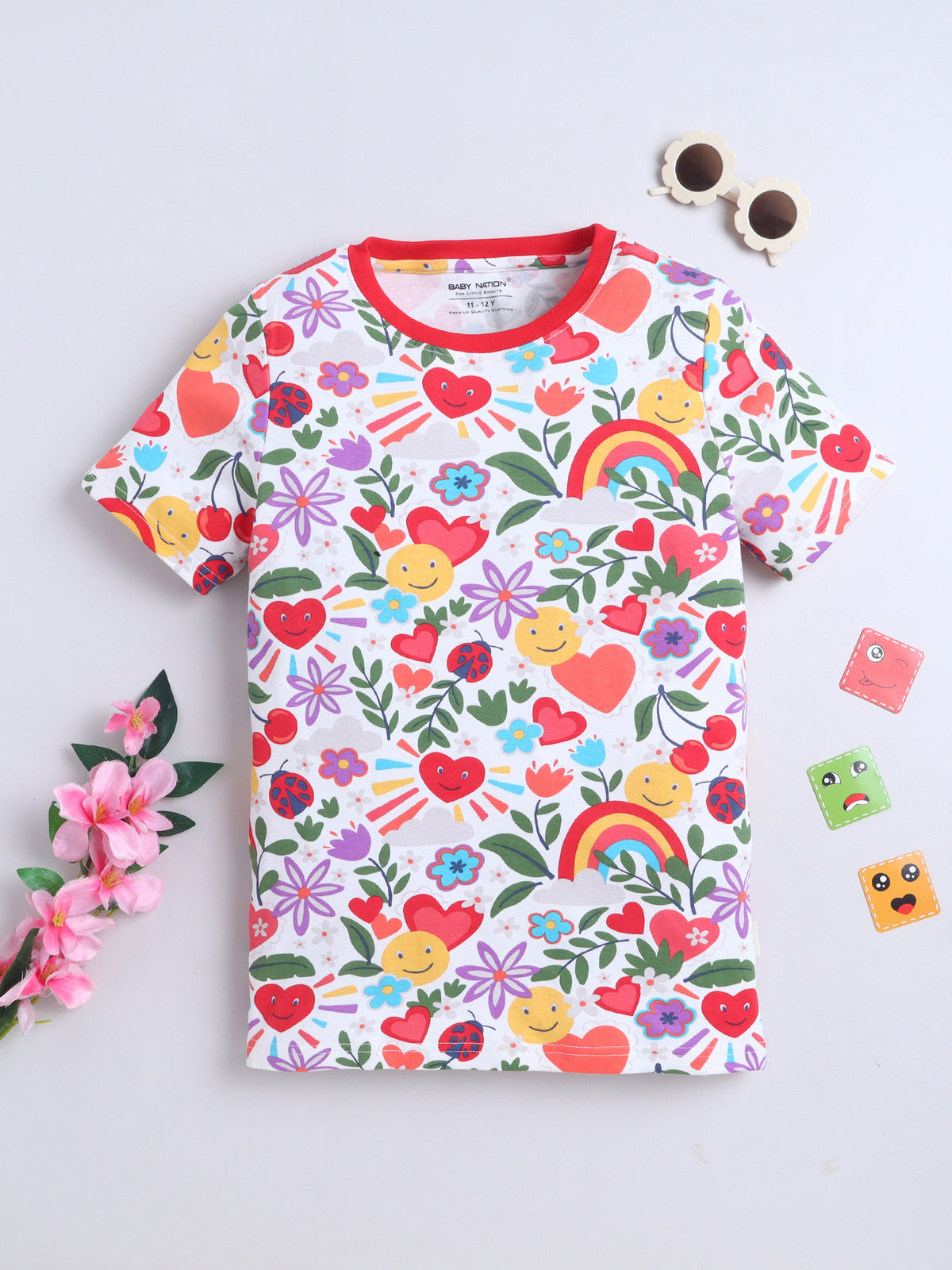 Baby Nation Cotton Knit Half Sleeves Printed T-Shirt - White Heart AOP