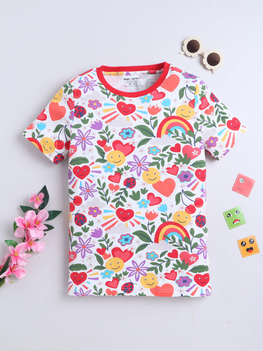 Baby Nation Cotton Knit Half Sleeves Printed T-Shirt - White Heart AOP
