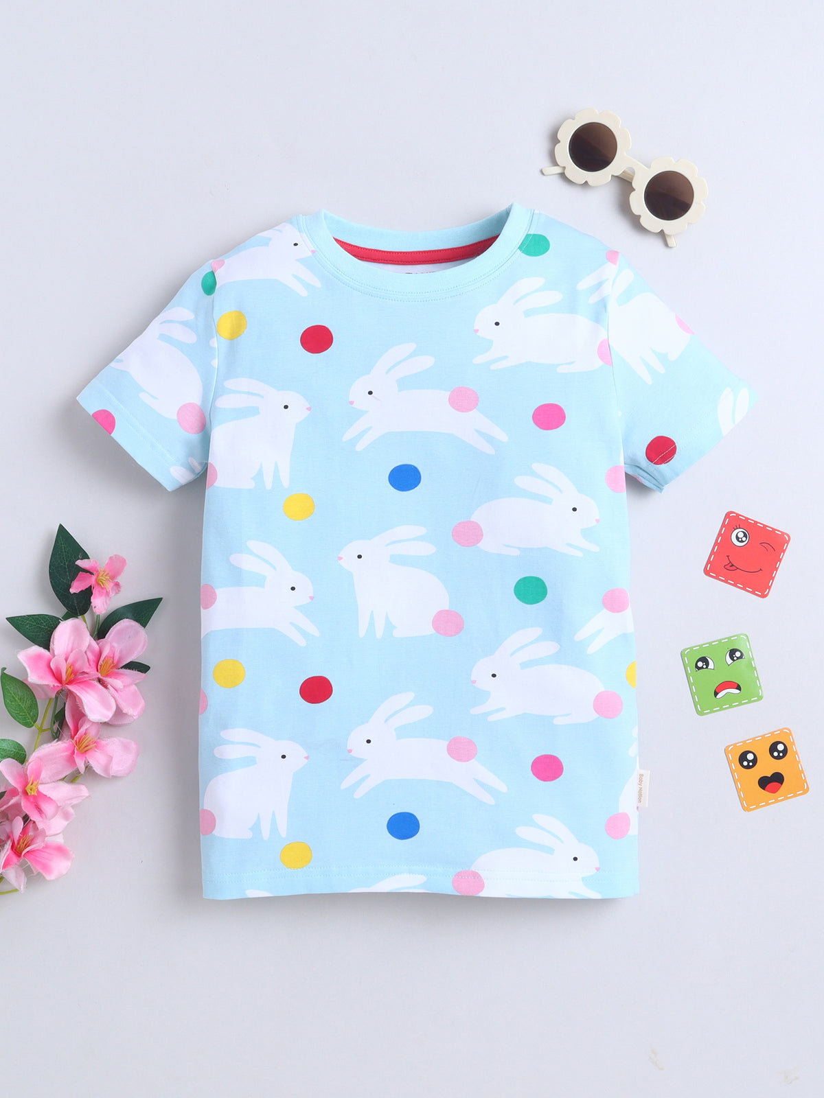 Baby Nation Cotton Knit Half Sleeves Printed T-Shirt - Blue Rabbit