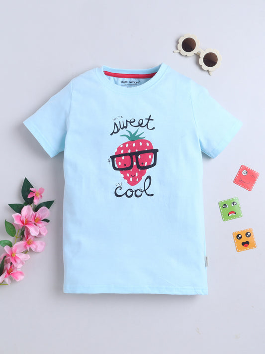 Baby Nation Cotton Knit Half Sleeves Printed T-Shirt - Blue Strawberry