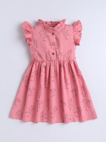 Girls Printed Woven Frock- Pink Rat