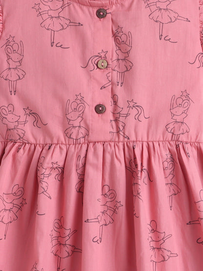 Girls Printed Woven Frock- Pink Rat
