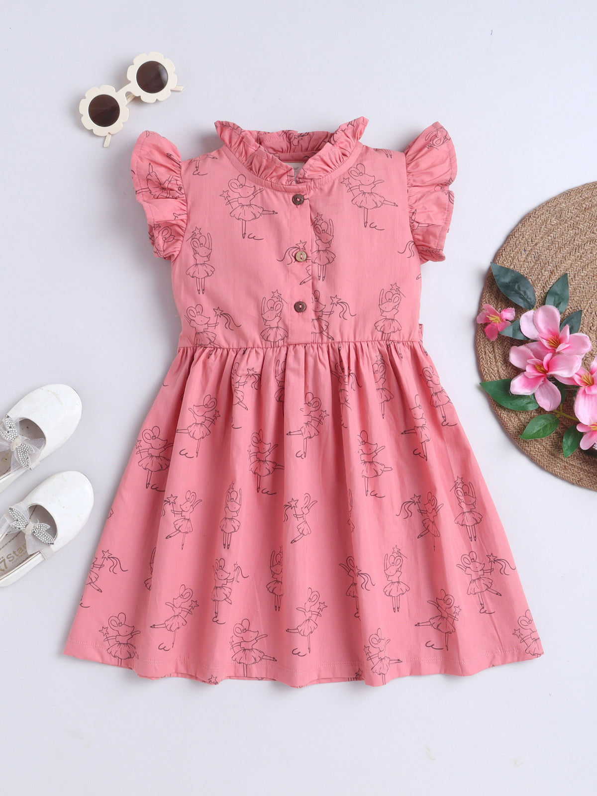 Girls Printed Woven Frock- Pink Rat