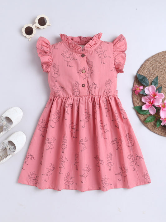 Girls Printed Woven Frock- Pink Rat