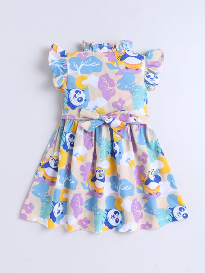 Girls Printed Woven Frock- Blue Panda