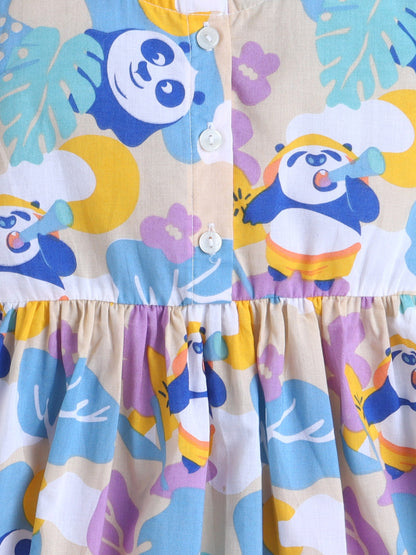 Girls Printed Woven Frock- Blue Panda