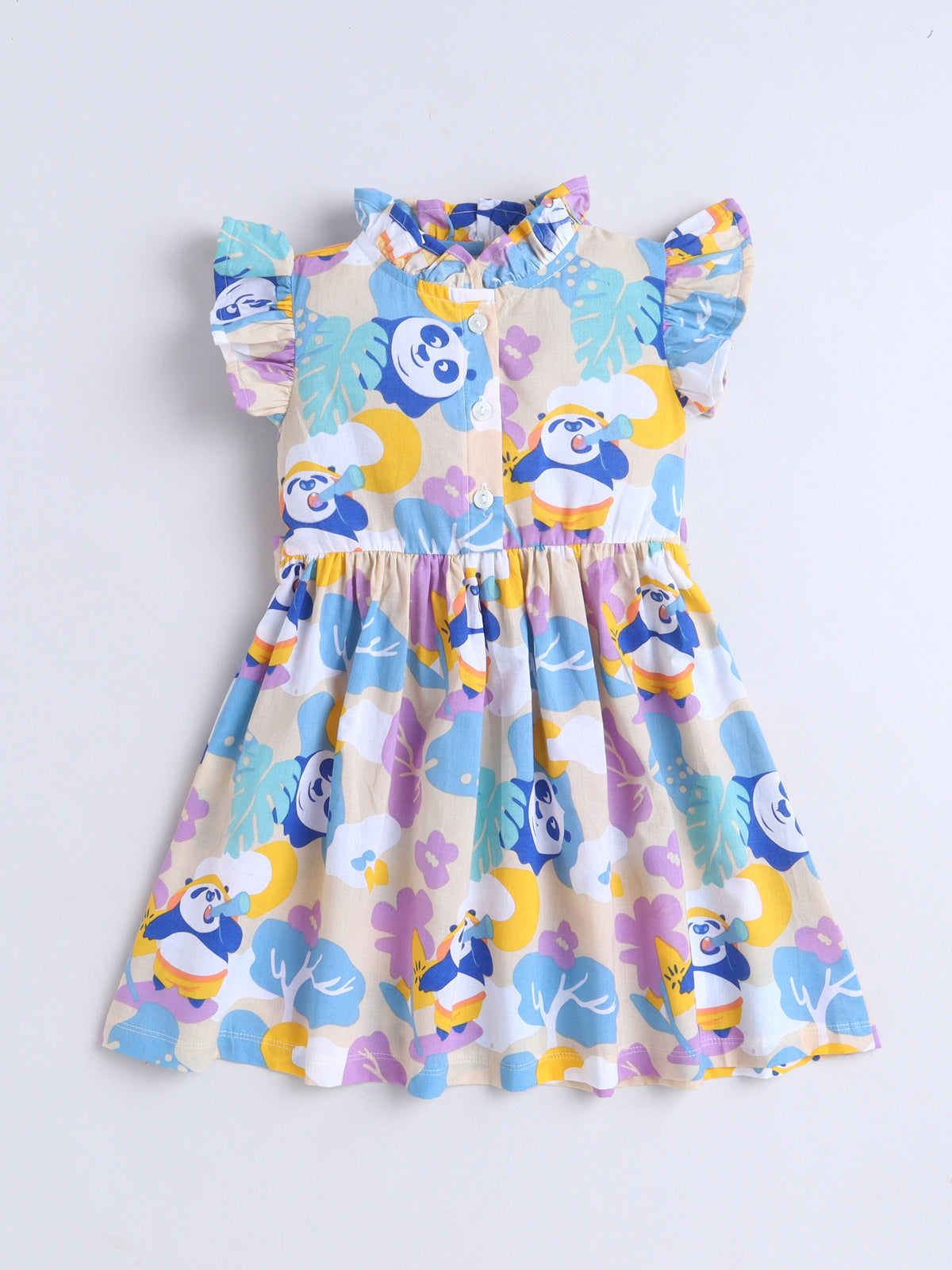 Girls Printed Woven Frock- Blue Panda