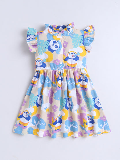 Girls Printed Woven Frock- Blue Panda