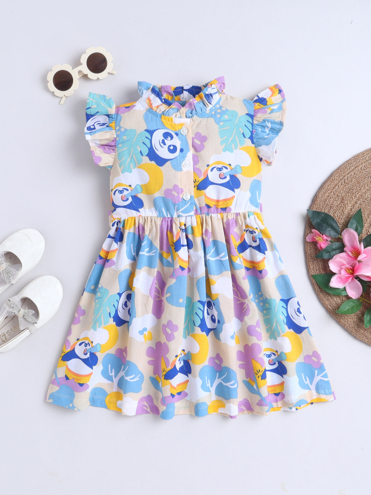 Girls Printed Woven Frock- Blue Panda