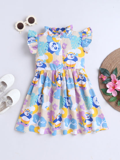 Girls Printed Woven Frock- Blue Panda