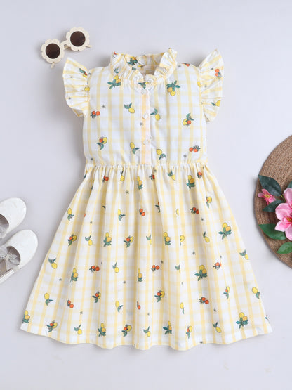 Girls Printed Woven Frock- Yellow Checked
