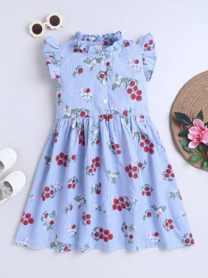 Girls Printed Woven Frock- Blue Rose
