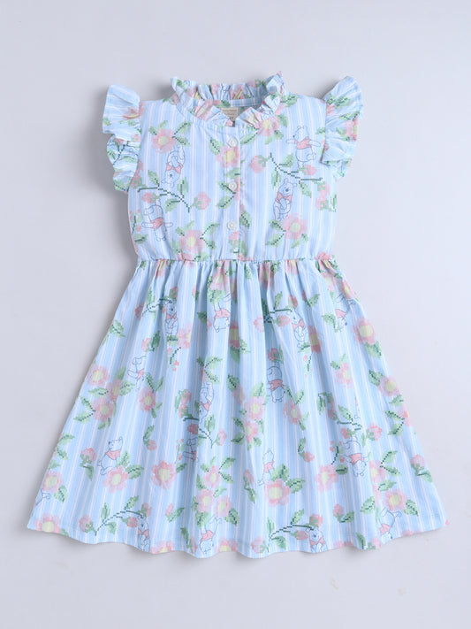 Girls Printed Woven Frock- Blue Panda
