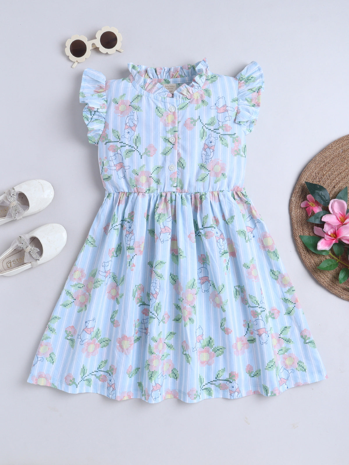 Girls Printed Woven Frock- Blue Panda